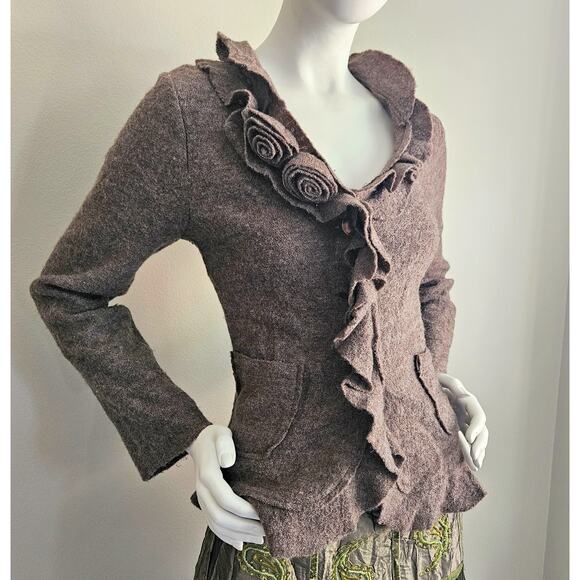 Y2k 100% Wool Sweater Cardigan Fairy Ruffle Rosette Cozy Twee Womens Size M - Picture 1 of 10